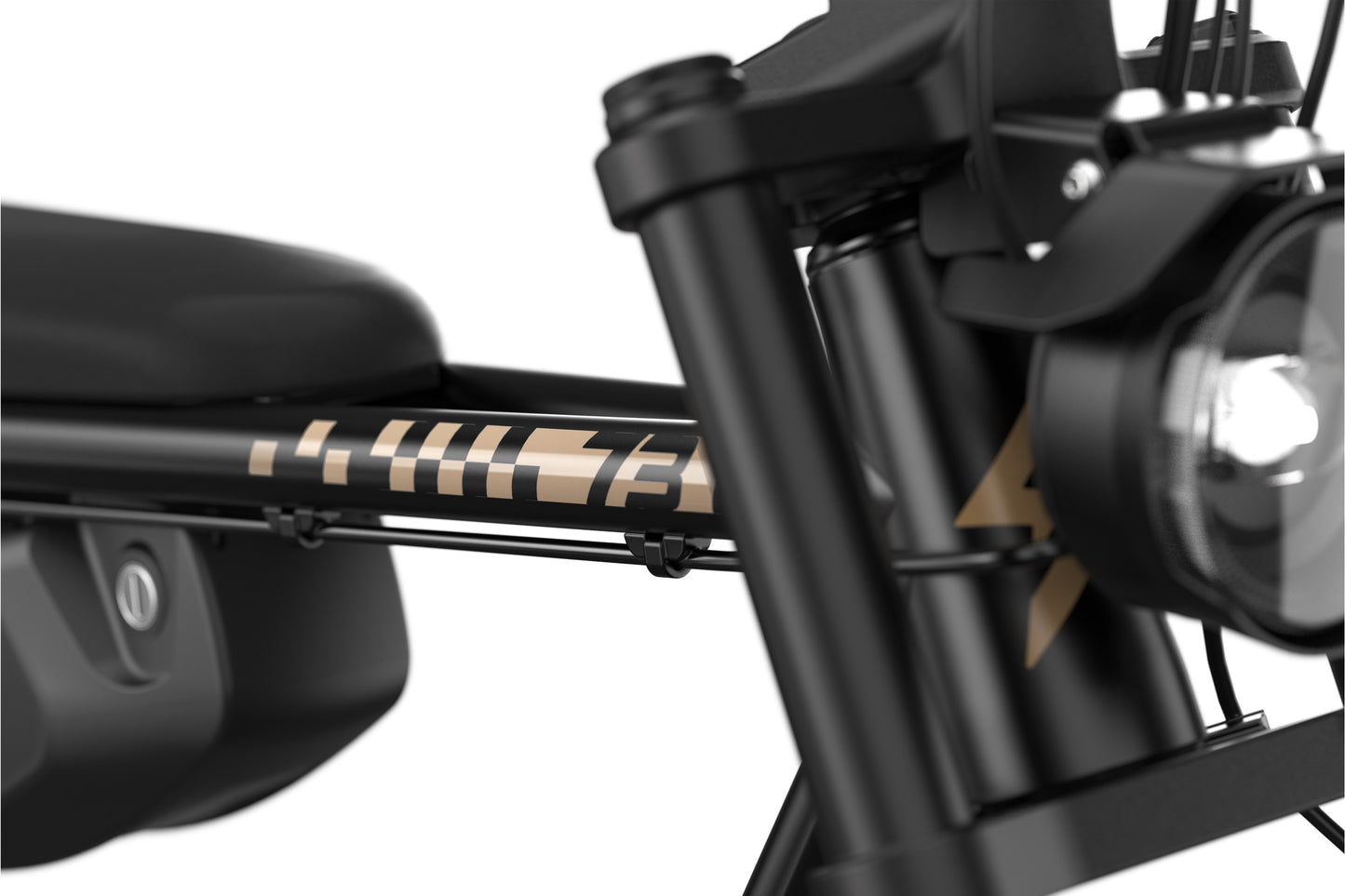 Close-up of an electric motorcycle's front suspension and headlight with a visible brand logo.