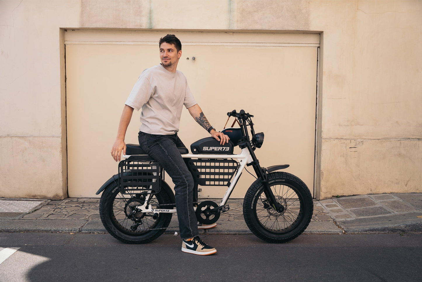 Lifestyle shot of the SUPER73-S2 ebike in Bone White