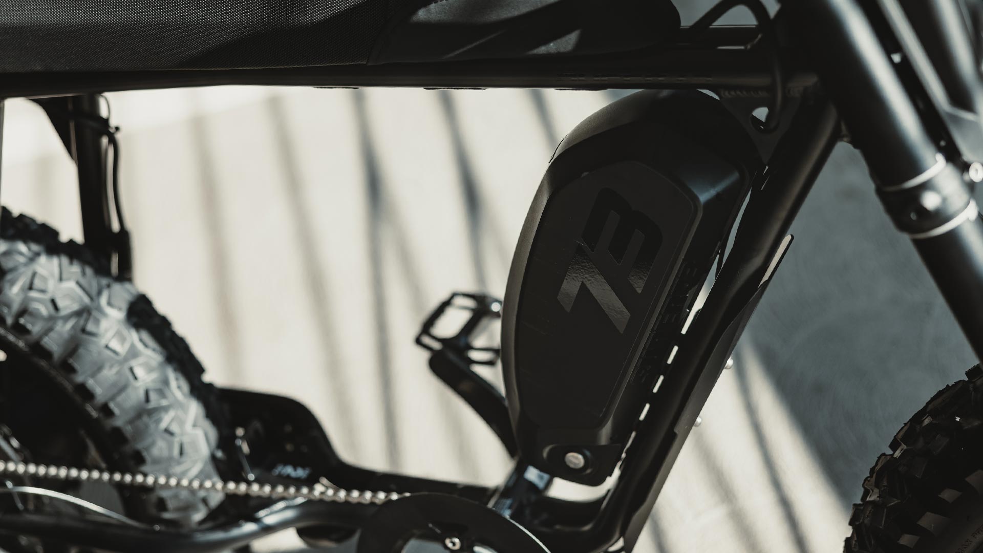 Close-up image of the removable battery on the SUPER73-S Blackout SE ebike.