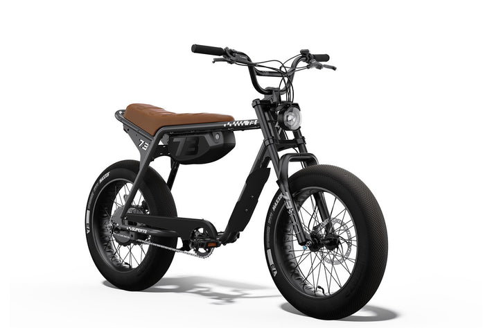 Super 73 Black and brown electric bike with brown seat on a white background