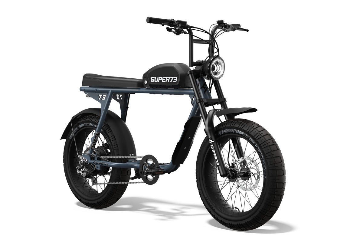 Front/side shot of the SUPER73-S2 ebike in Panthro Blue. @color_panthro blue