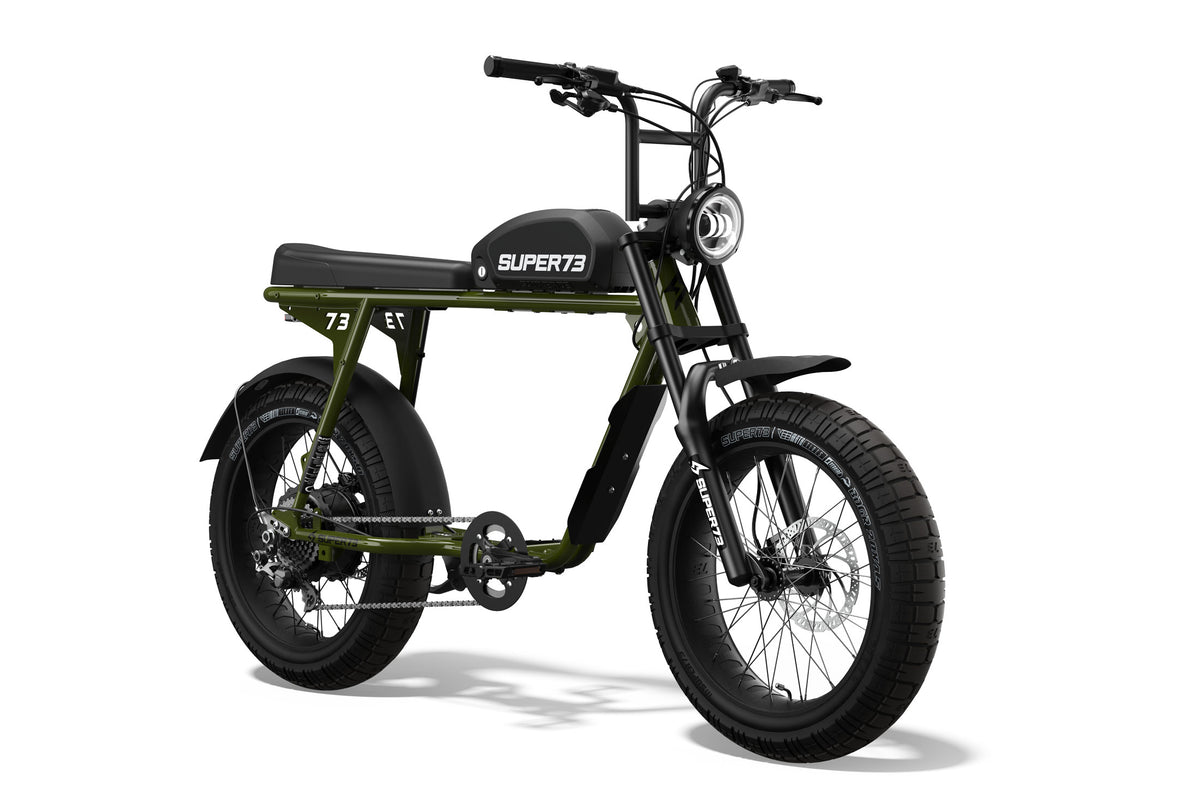 Front/side shot of the SUPER73-S2 ebike in Flannel Green. @color_flannel green