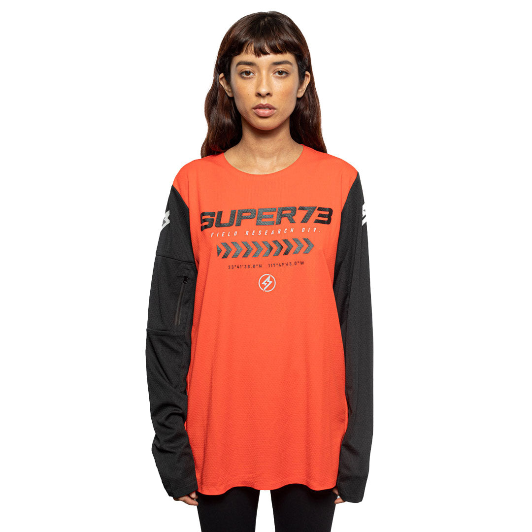 Model wearing a Super73 and Field Research Division Collection Hoon Jersey