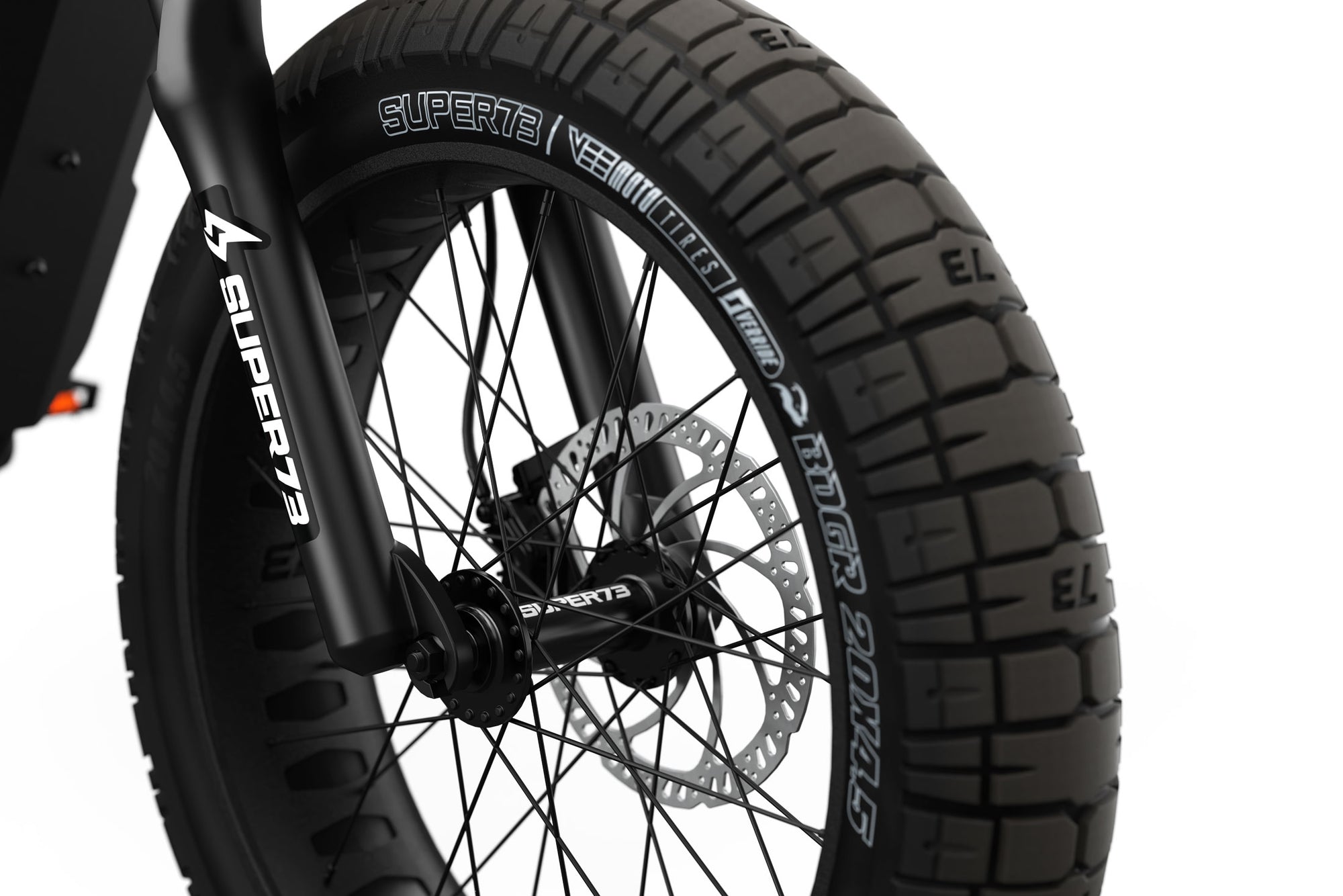 Detail shot of the SUPER73-S2 front tire.
