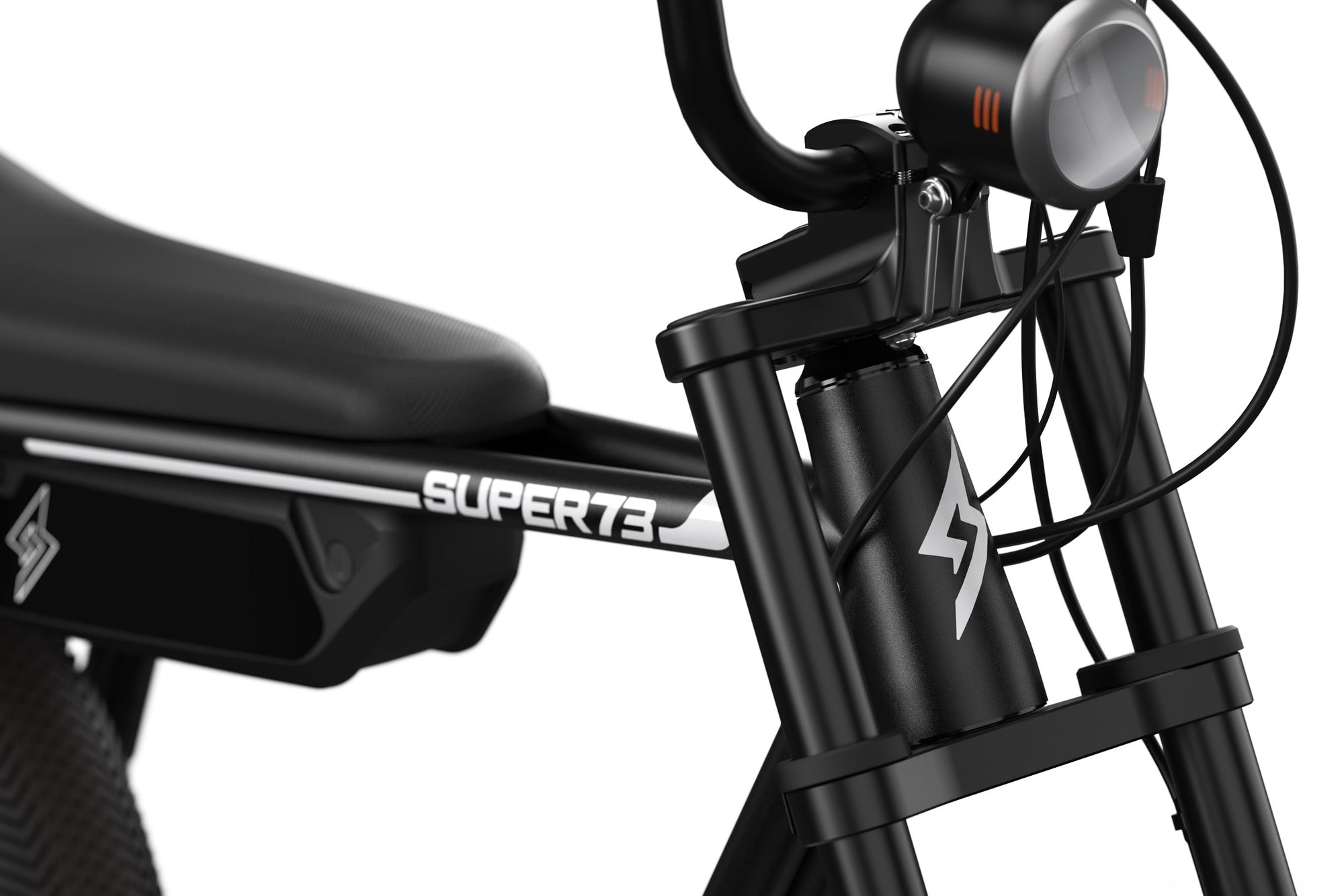 Detail shot of SUPER73-Z Miami ebike fork and headlight.
