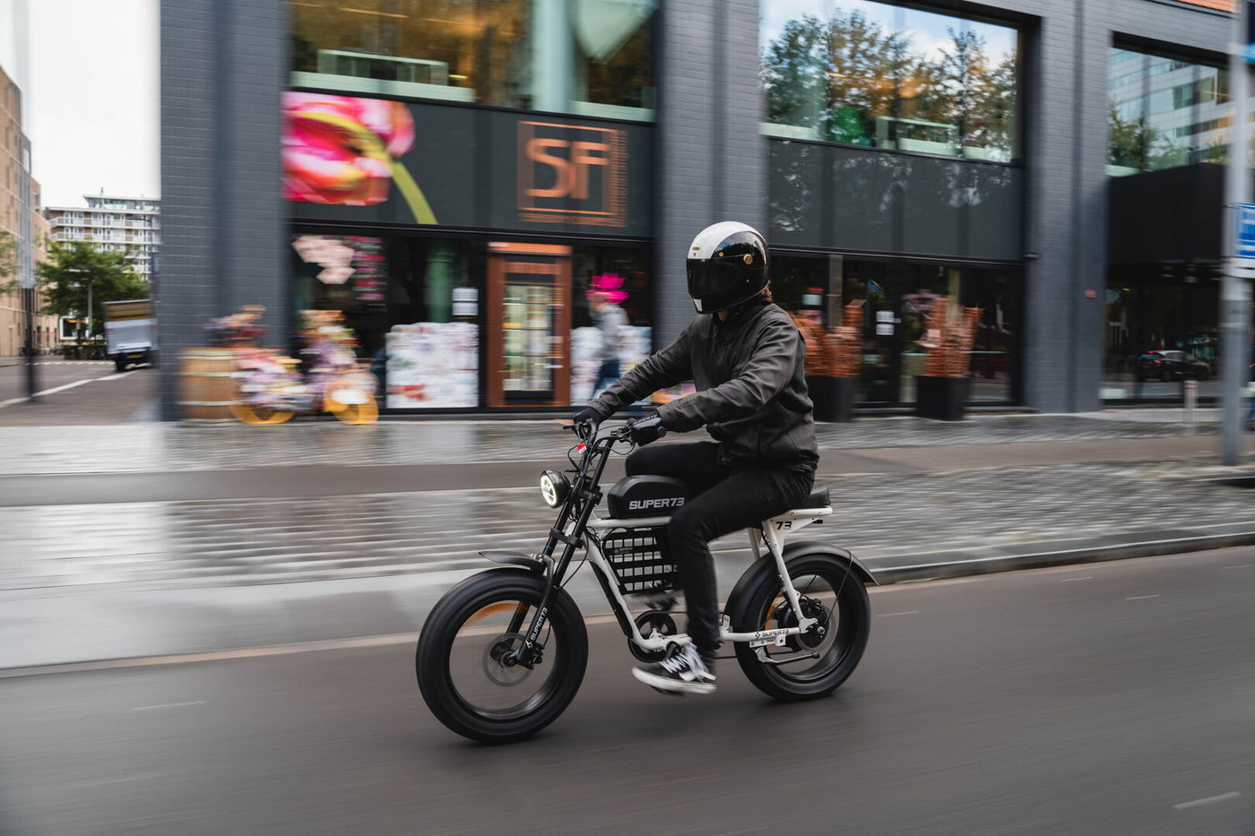 Man riding a Super73-S2 Bone White