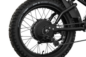 Detail shot/rear wheel of the SUPER73-R Blackout ebike.