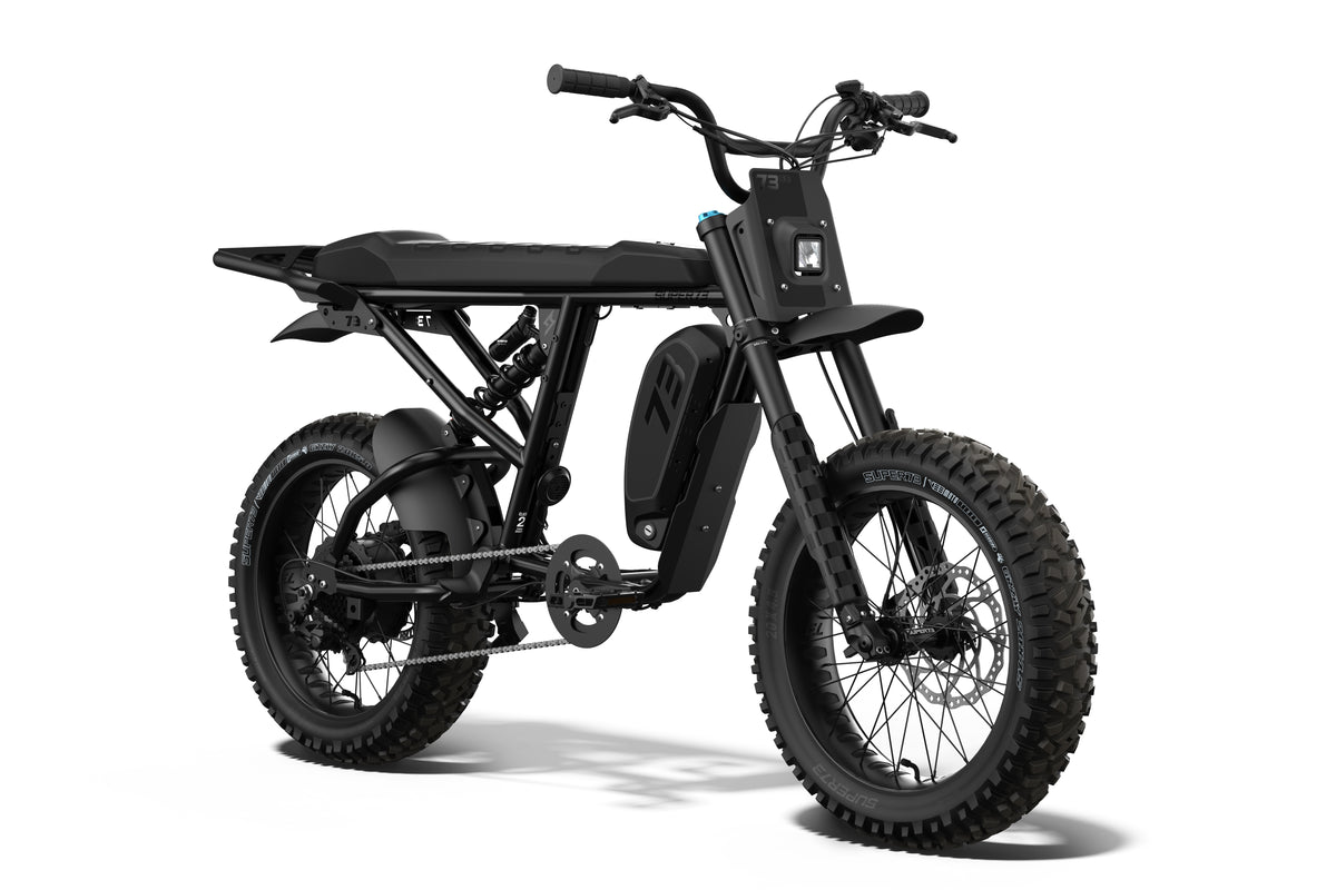 Front/side view of the SUPER73-R Blackout ebike.