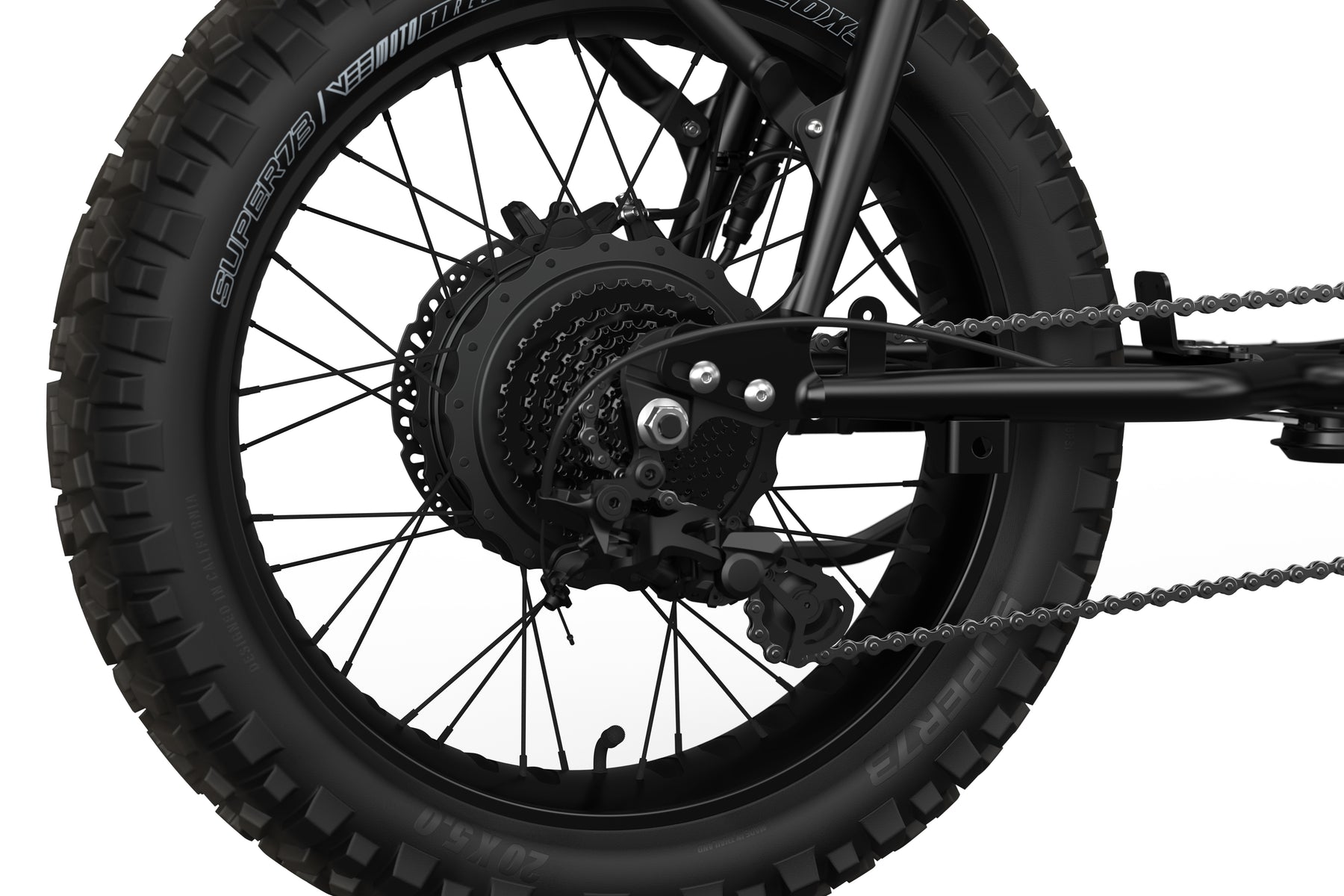 Detail shot/rear wheel of the SUPER73-S Blackout ebike.