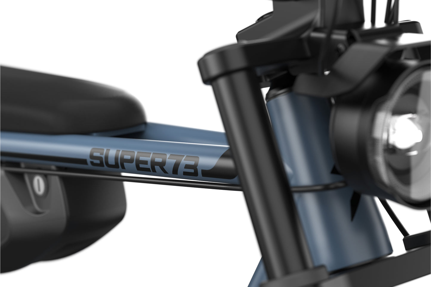 Close-up of a bicycle with &#39;Super73&#39; branding on the frame.