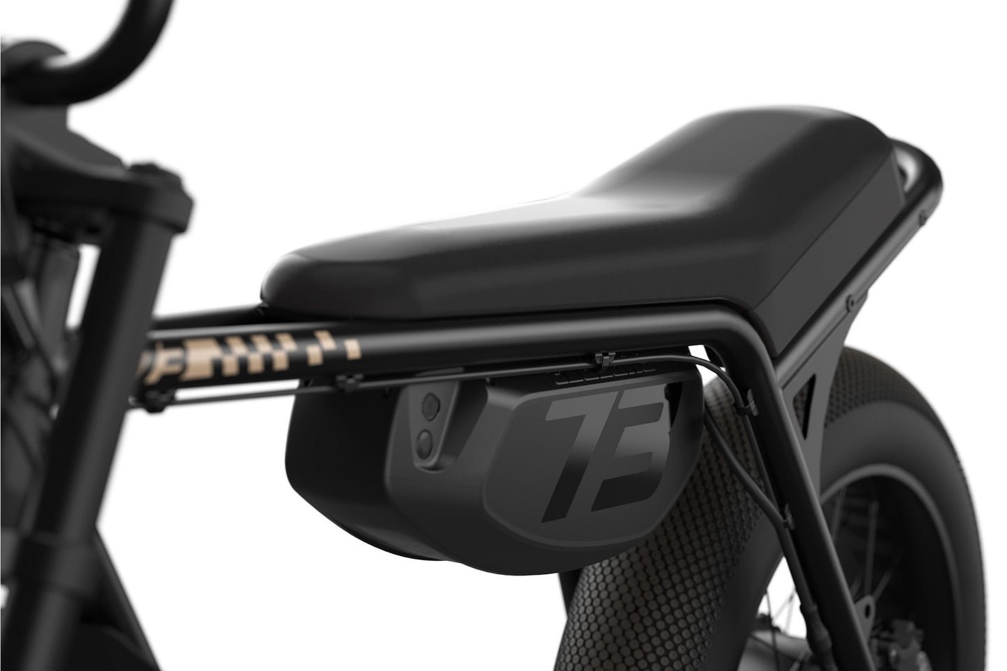Close-up of a black electric bike with visible super 73 bike branding on a white background