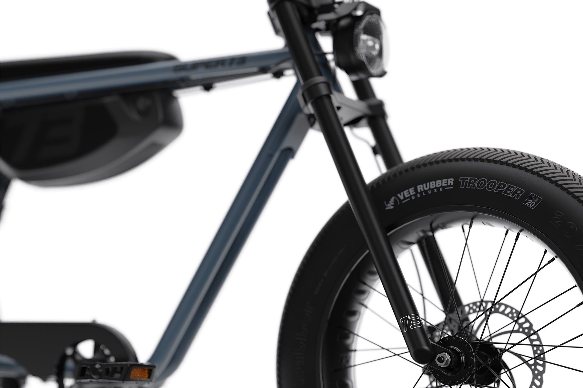 Close-up of an electric super 73 bicycle with a blurred background