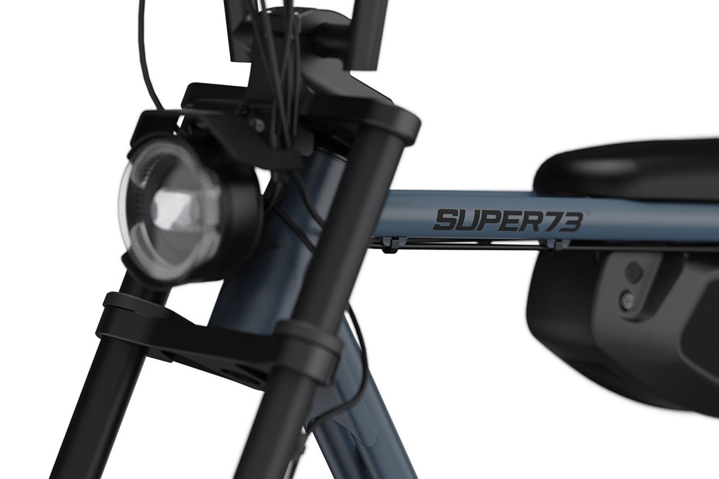 Close-up of a bicycle with &#39;Super73&#39; branding on a white background