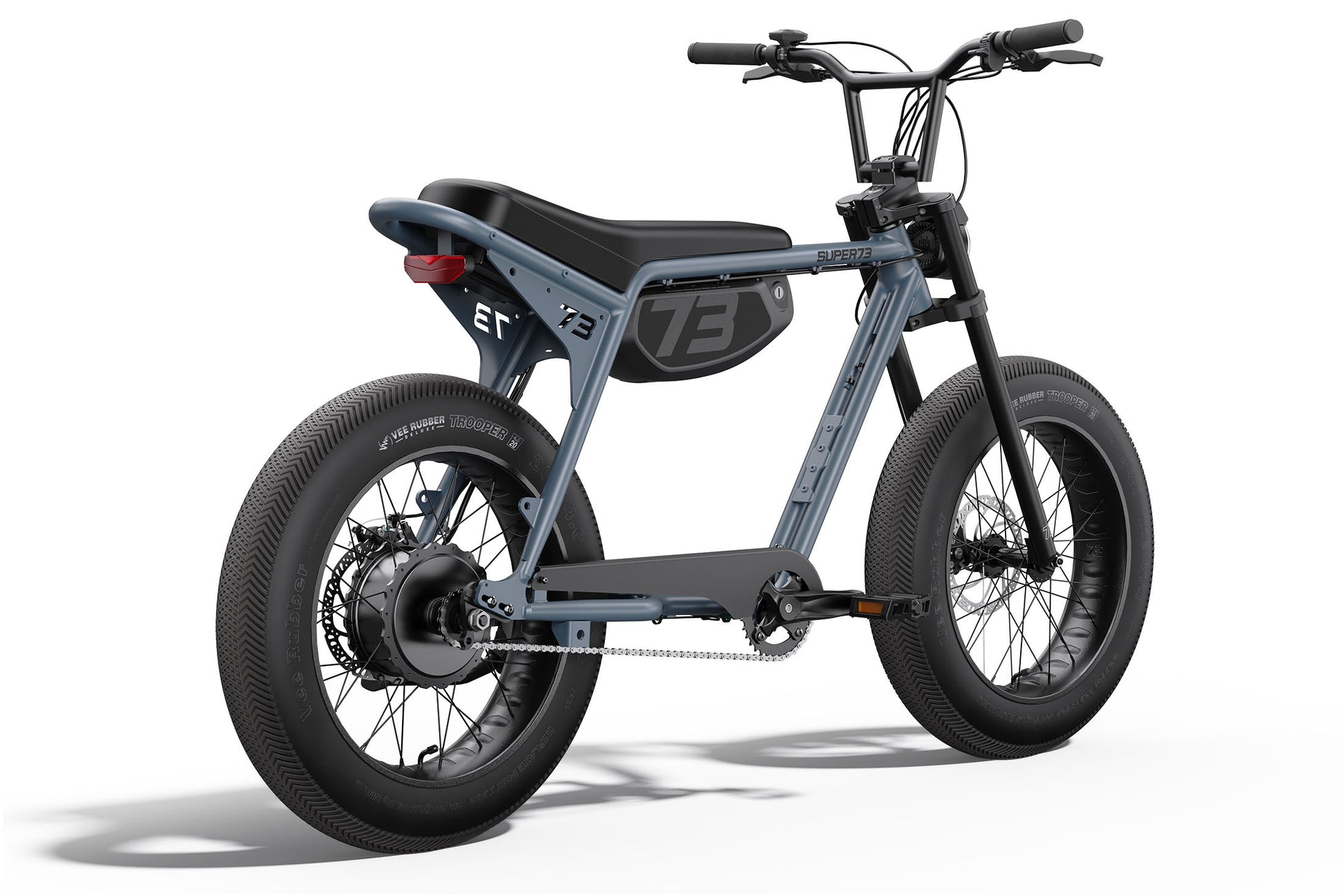 Gray super 73 electric bike with black seat on a white background