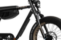 Close-up of a black and bronze super73 bicycle with visible branding on a white background