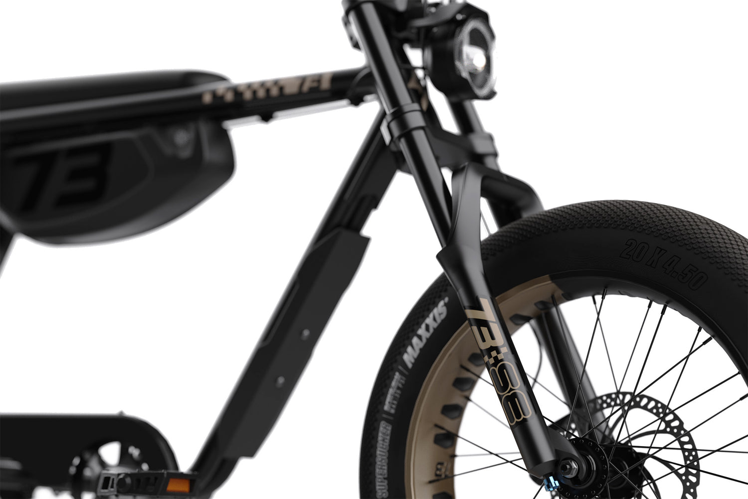 Close-up of a black and bronze super73 bicycle with visible branding on a white background