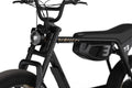 Close-up of a black super 73 electric bike with visible branding on a white background