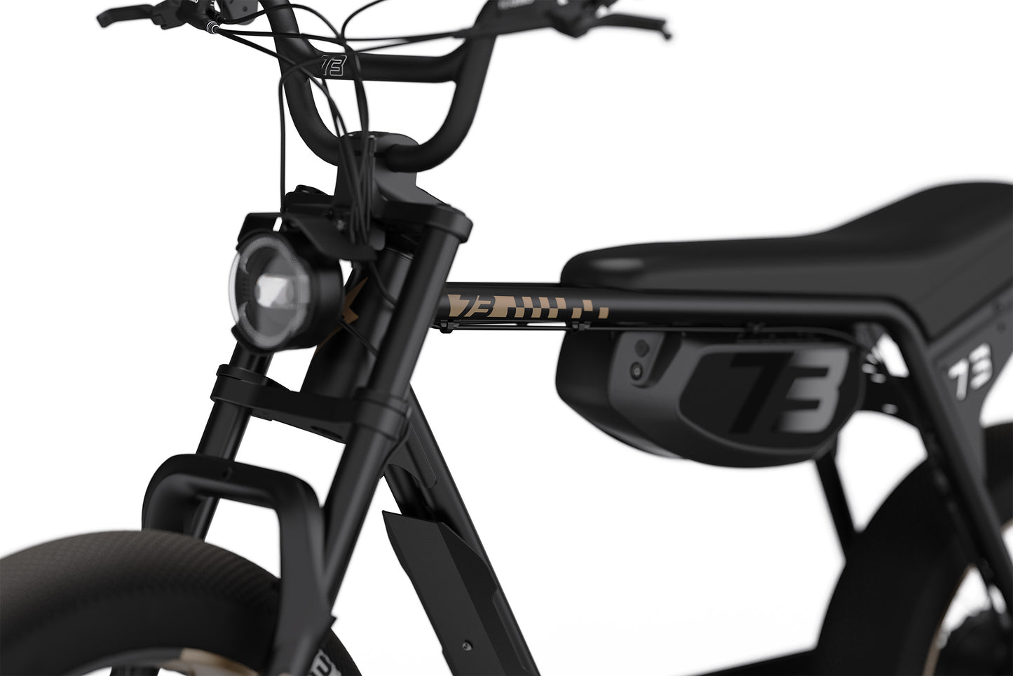Close-up of a black super 73 electric bike with visible branding on a white background