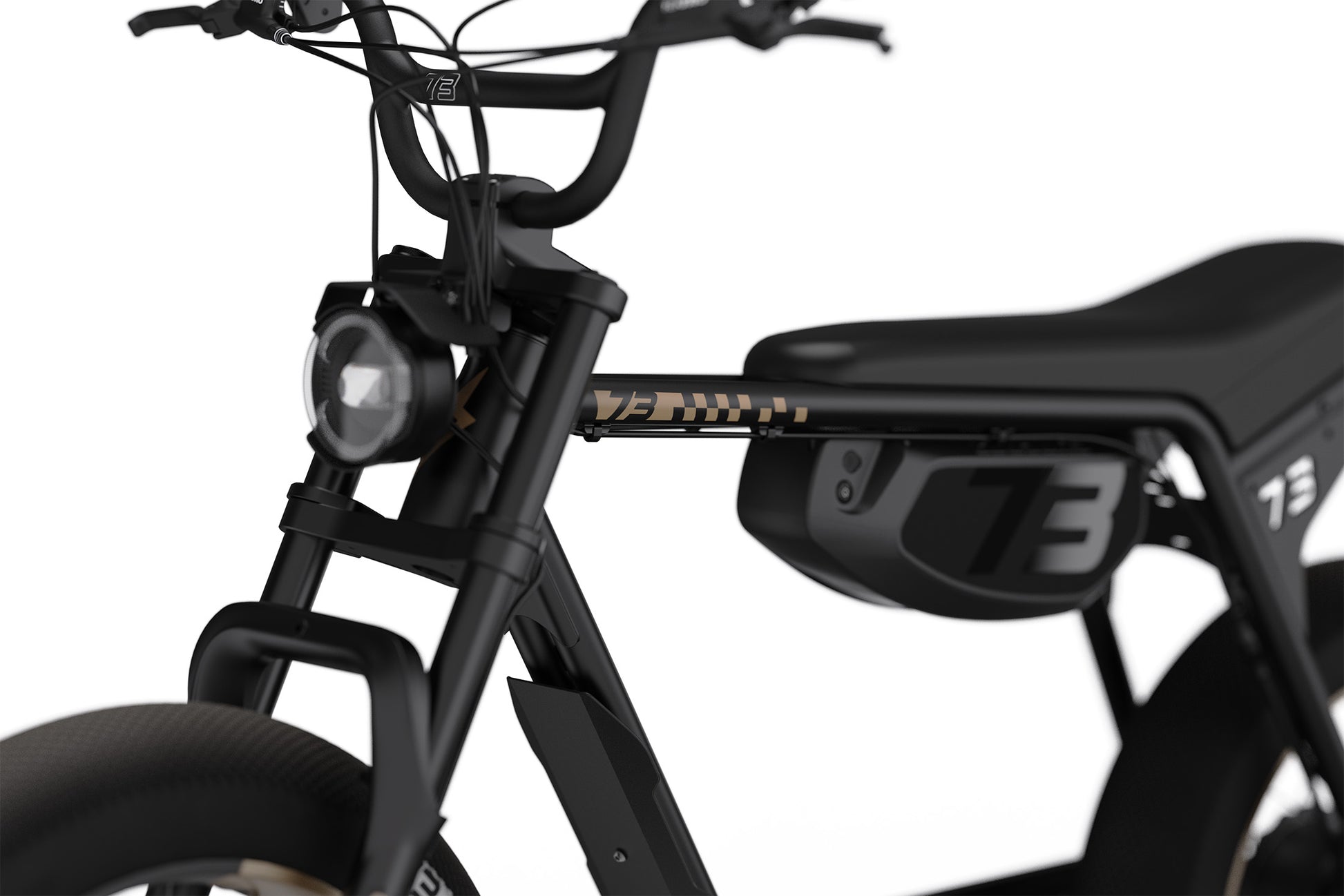 Close-up of a black super 73 electric bike with visible branding on a white background
