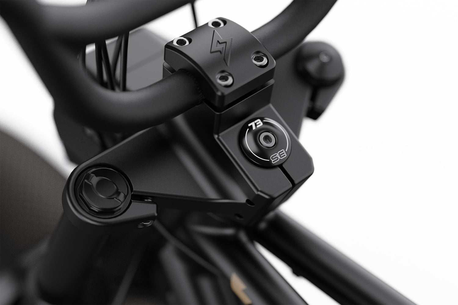 Close-up of a black motorcycle handlebar with visible branding on a white background