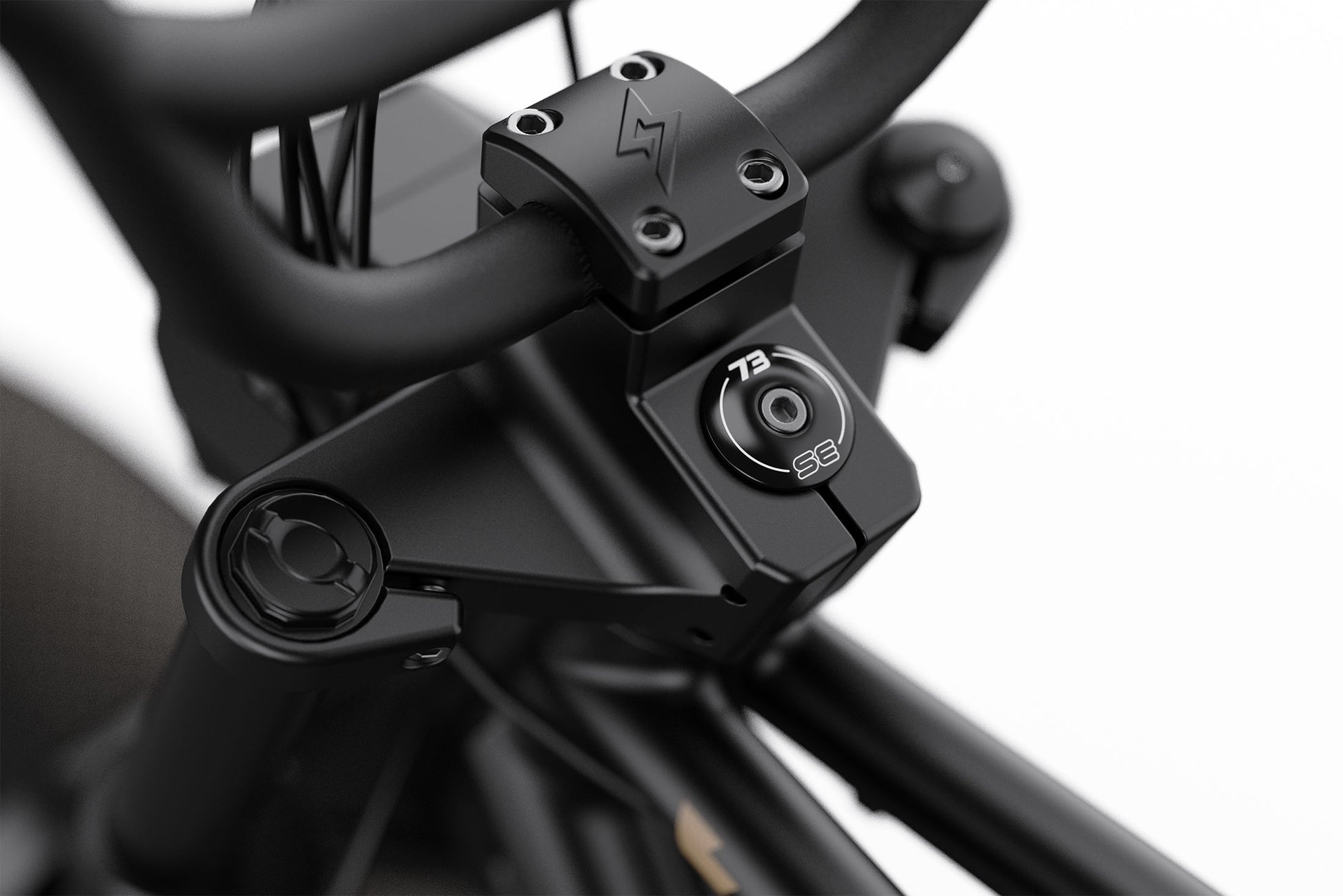 Close-up of a black motorcycle handlebar with visible branding on a white background