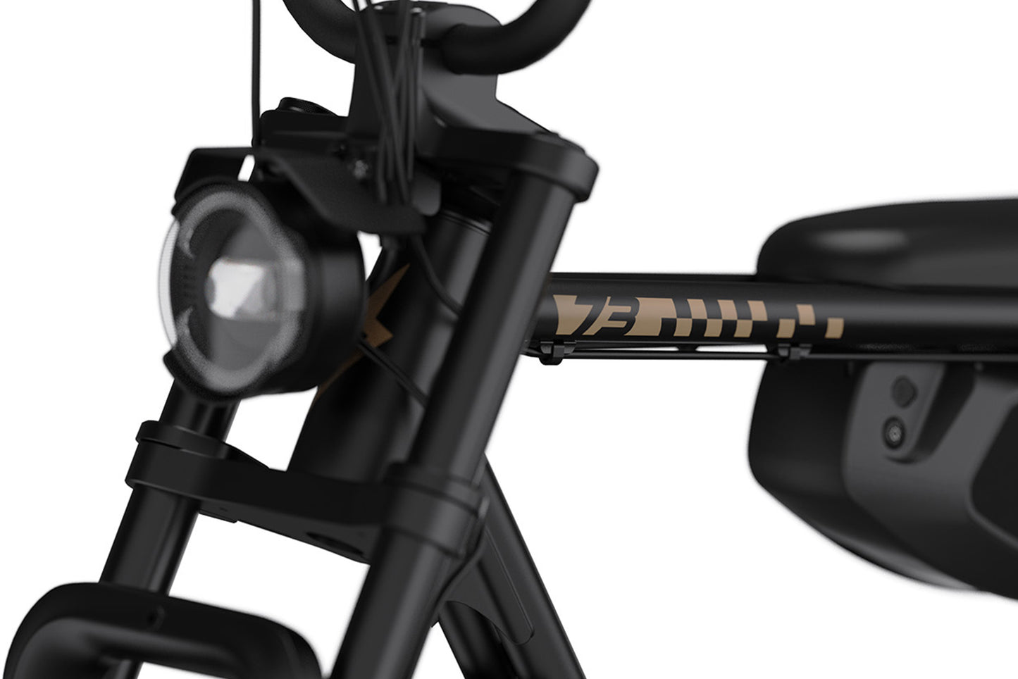 Close-up of a special edition black super73 bicycle with a brand logo on the handlebar