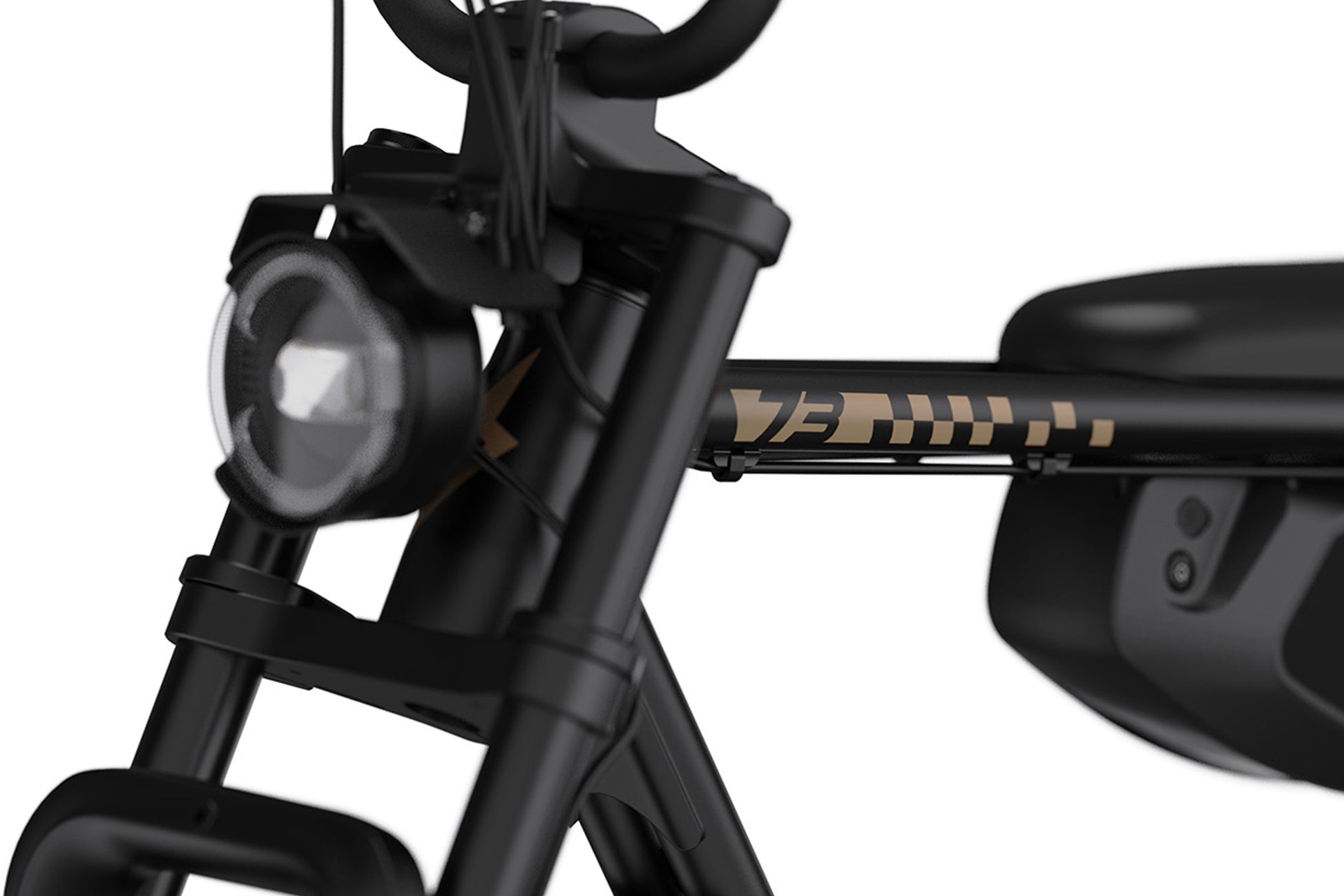 Close-up of a special edition black super73 bicycle with a brand logo on the handlebar