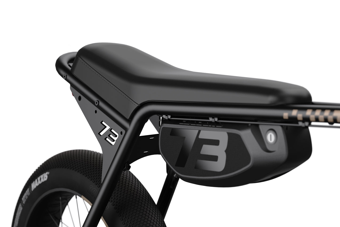 Close-up of a black bicycle seat and frame with &#39;73&#39; branding on a white background