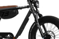 Close-up of a black super 73 RX electric bike with visible branding on a white background