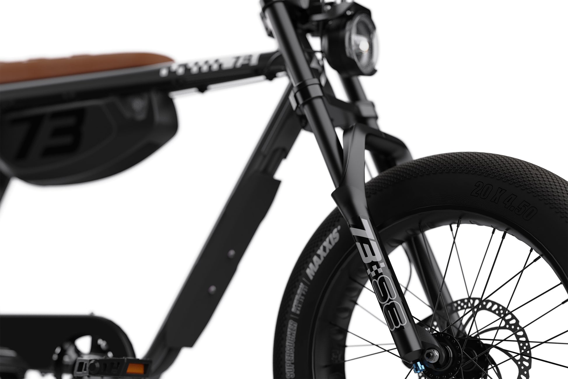 Close-up of a black super 73 RX electric bike with visible branding on a white background