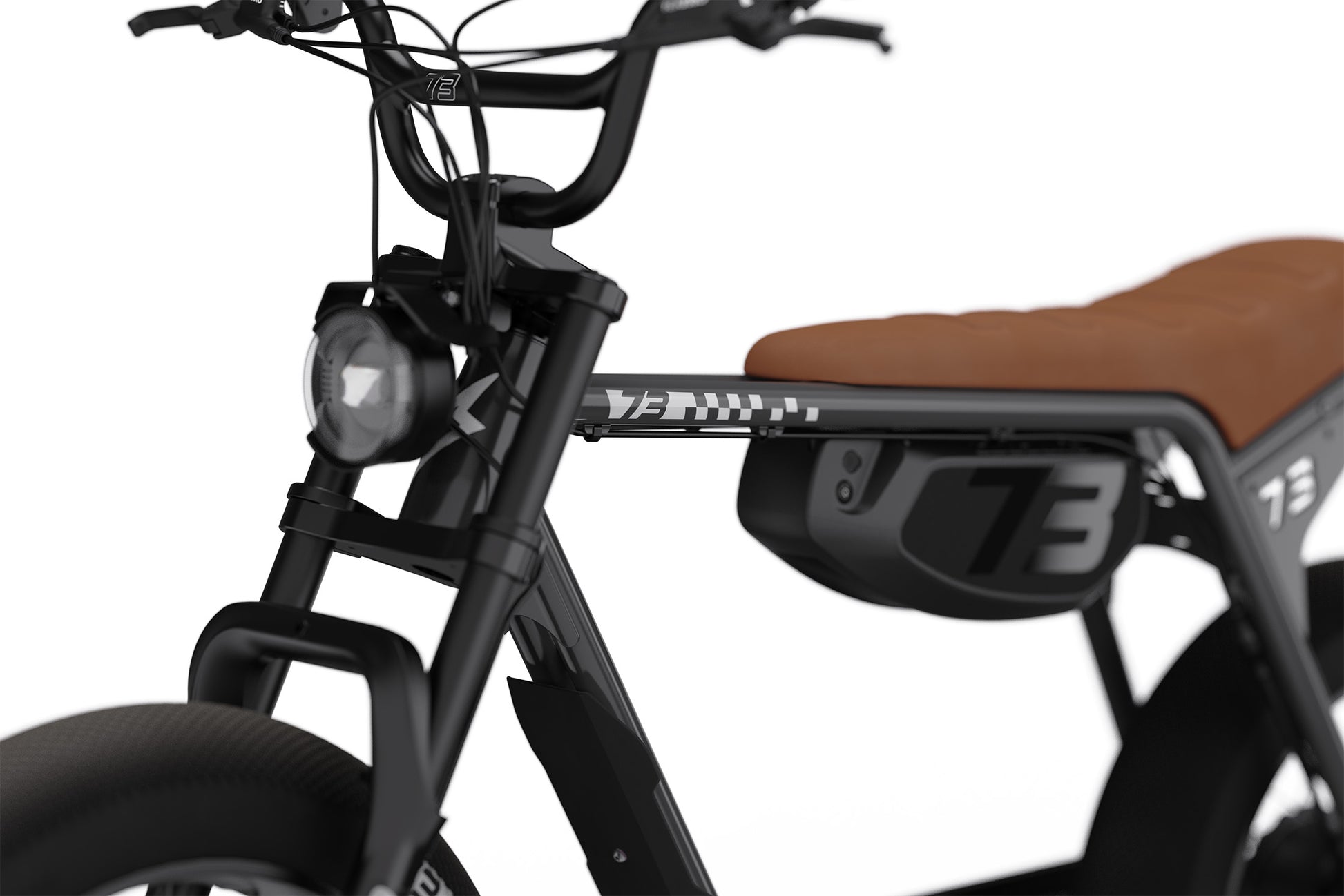 Close-up of a black super 73 electric bike with a brown seat on a white background