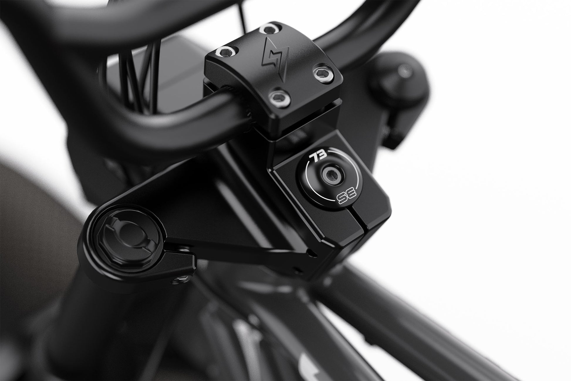 Close-up of a black super 73 motorcycle handlebar with control buttons on a white background
