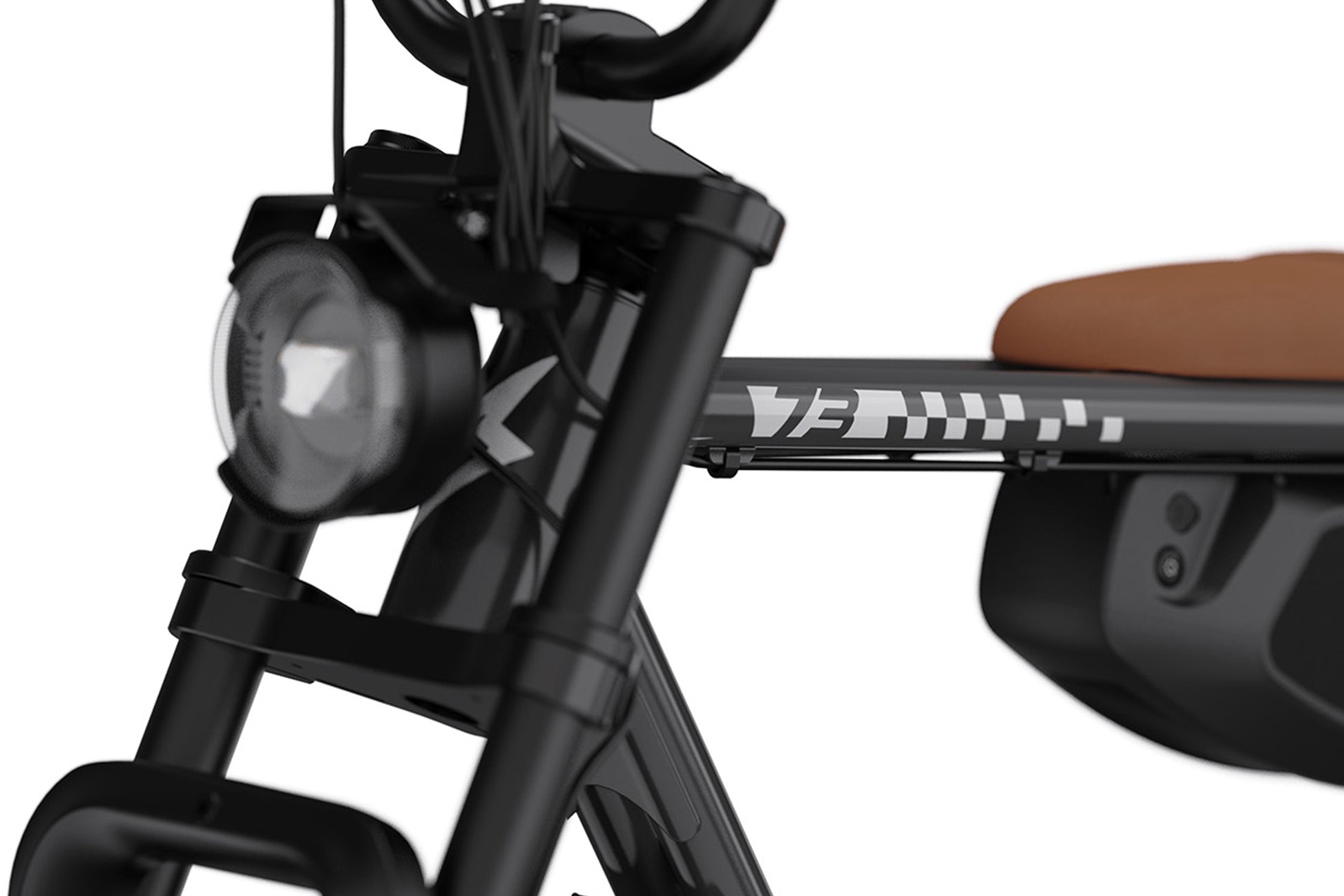 Close-up of a black electric bike with Super73 branding on a white background