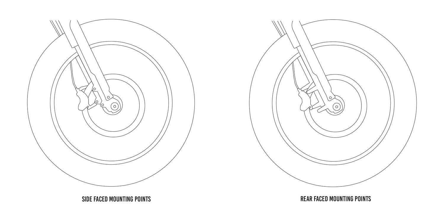 Illustration of motorcycle wheels with labeled mounting points on a white background