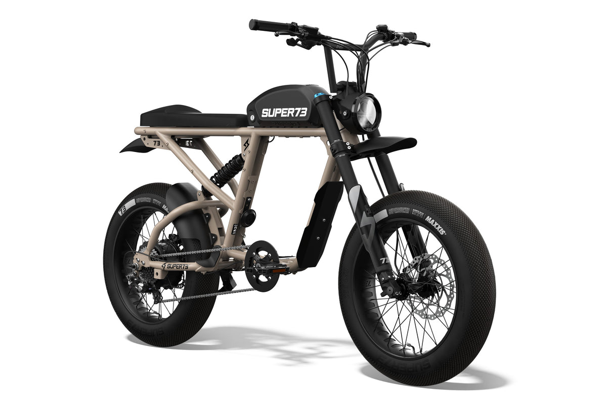 Front/side view of the SUPER73 R Brooklyn ebike in Dark Earth. @color_dark earth