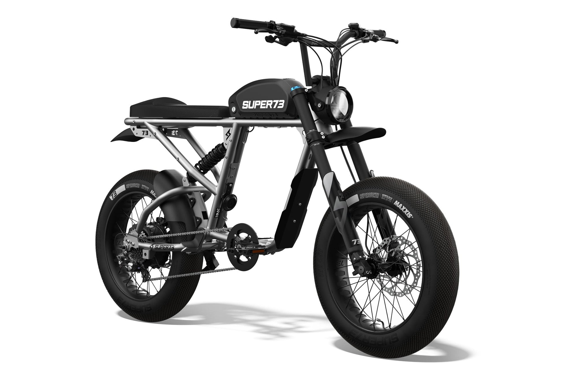 Front/side view of the SUPER73 R Brooklyn ebike in Metallic Aluminium. @color_metallic aluminium