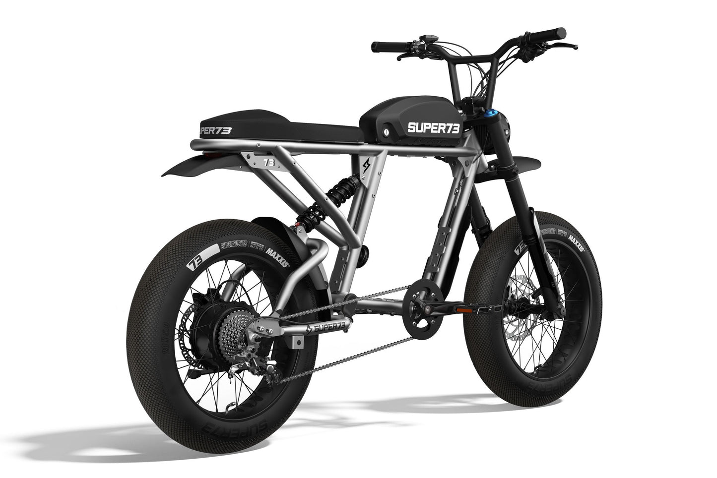 Rear/side view of the SUPER73 R Brooklyn ebike in Metallic Aluminium. @color_metallic aluminium