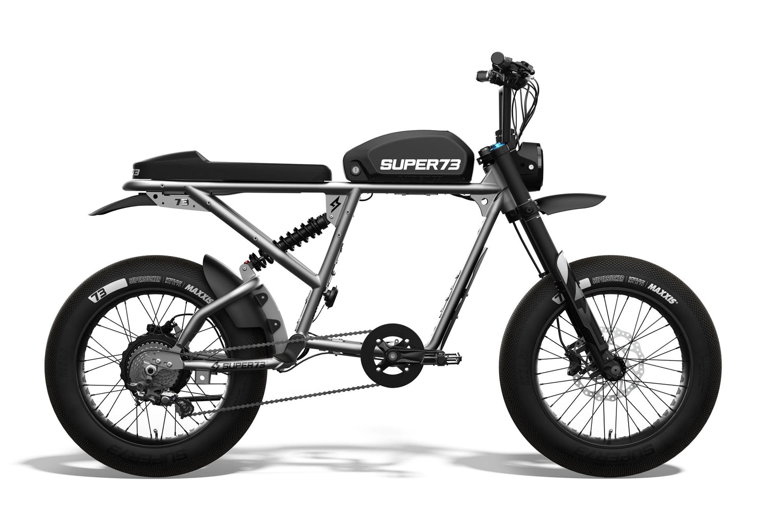 Side view of the SUPER73 R Brooklyn ebike in Metallic Aluminium. @color_metallic aluminium