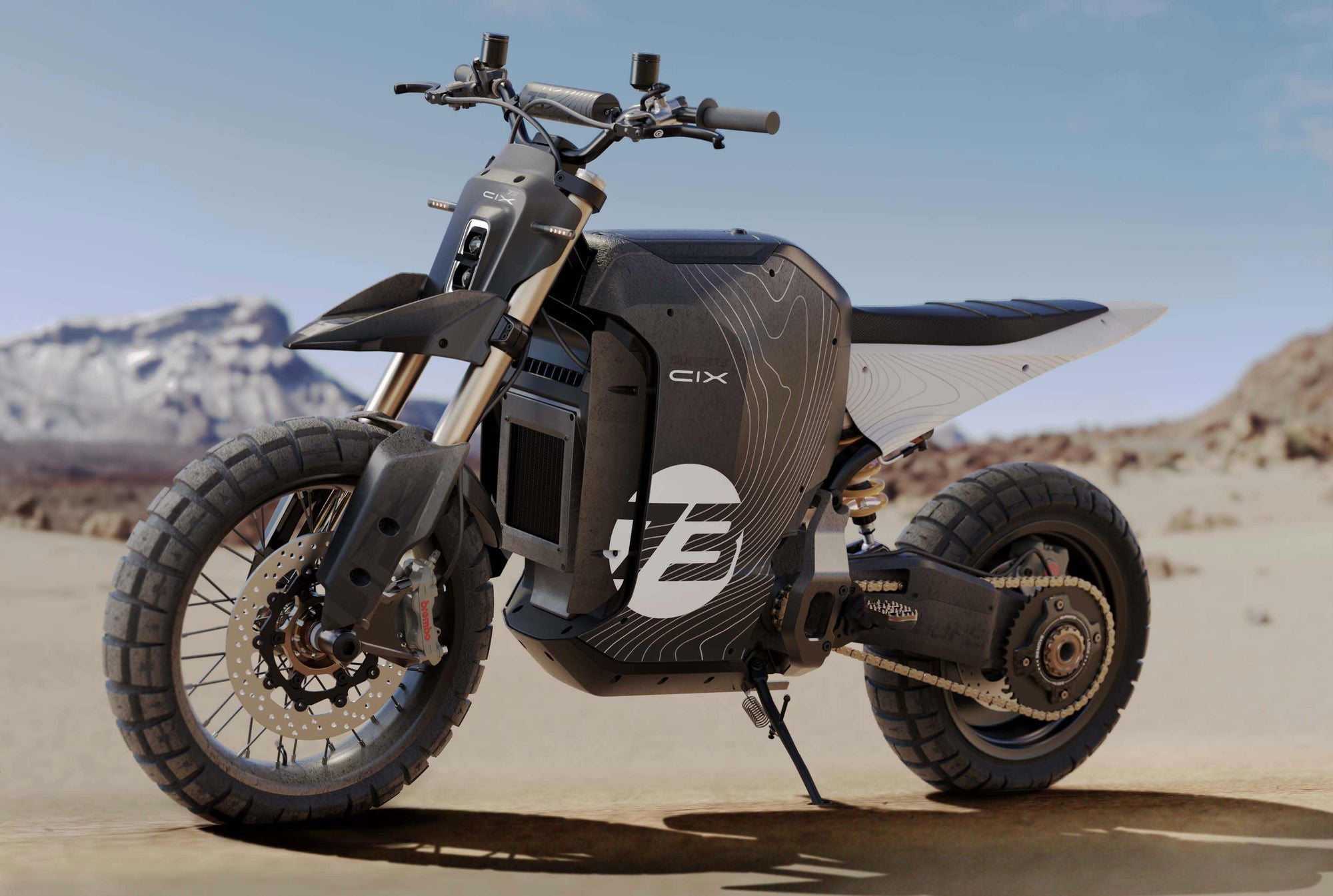 Lifestyle image with side view of the El Jefe Scrambler Dual Sport C1X bike