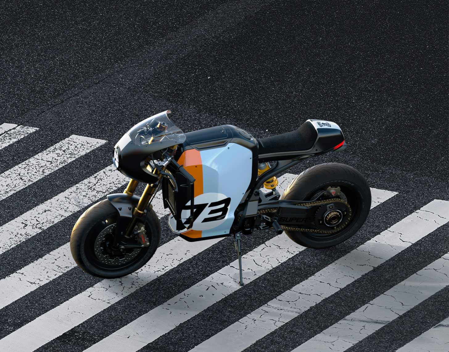 Lifestyle arial shot of the Super Le Pew “Café” Super Sport C1X bike