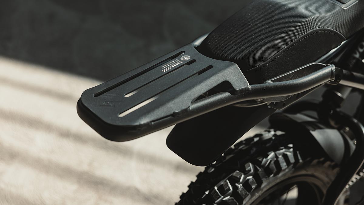 Close-up image of the SUPER73-R Blackout SE rear rack.