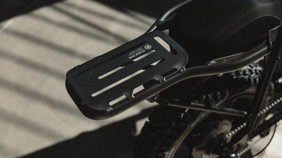 Close-up image of the SUPER73-S Blackout SE rear rack.