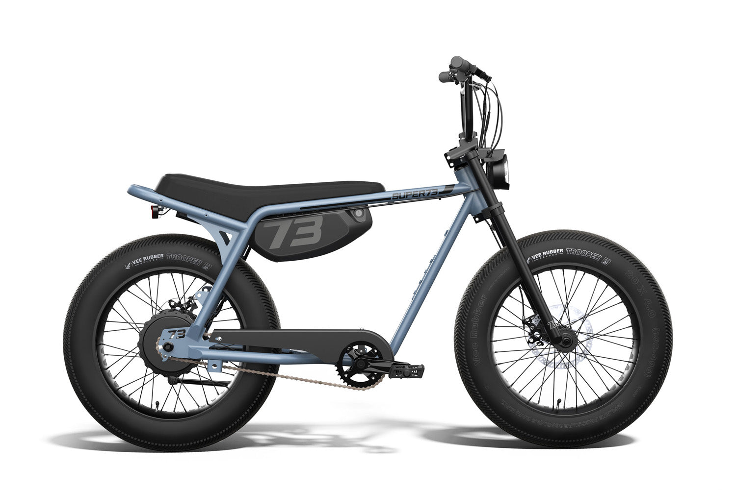Super 73 Blue electric bike with a black seat on a white background