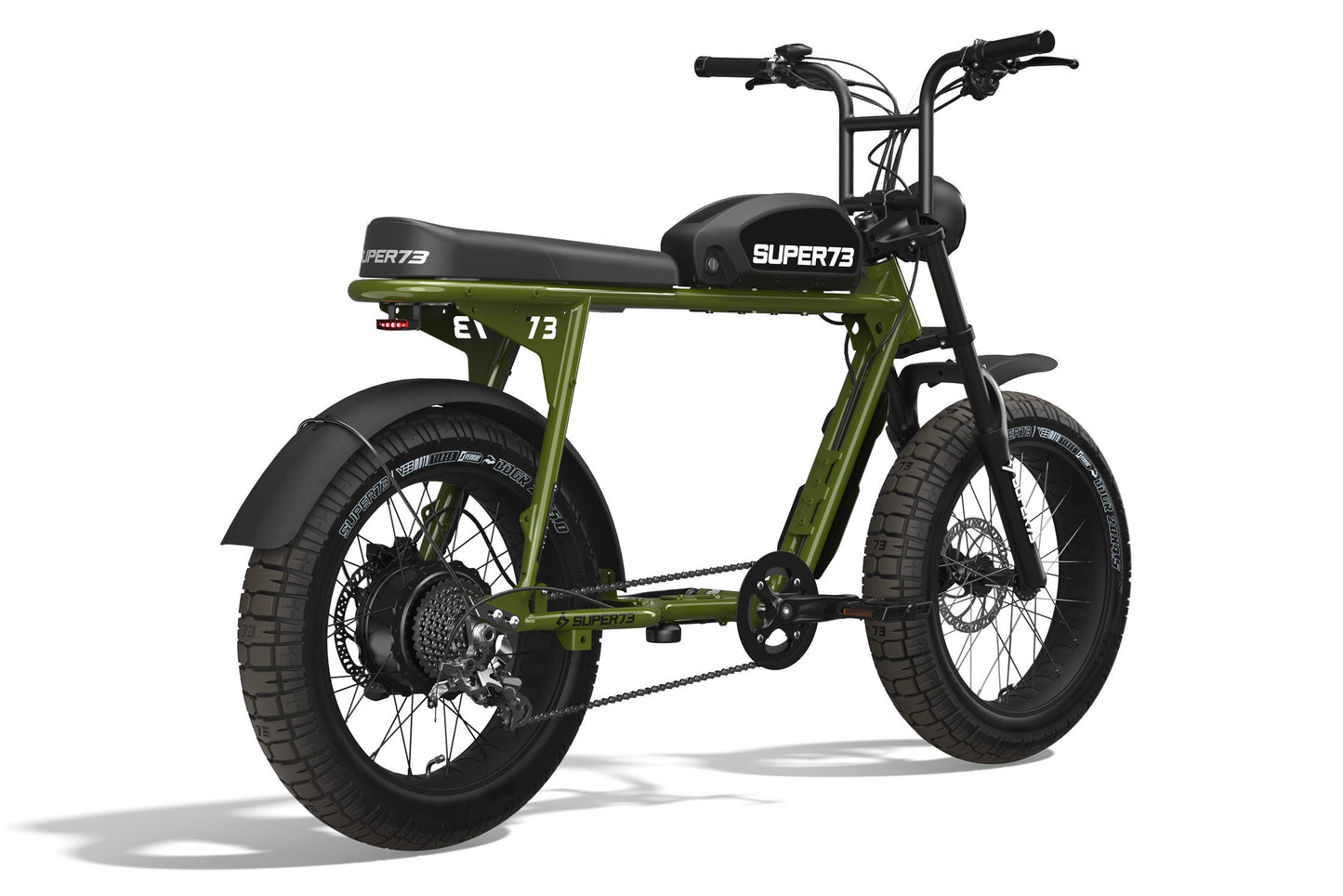 Rear/side shot of the SUPER73-S2 ebike in Flannel Green. @color_flannel green