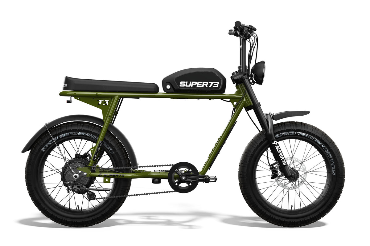 Side shot of the SUPER73-S2 ebike in Flannel Green. @color_flannel green