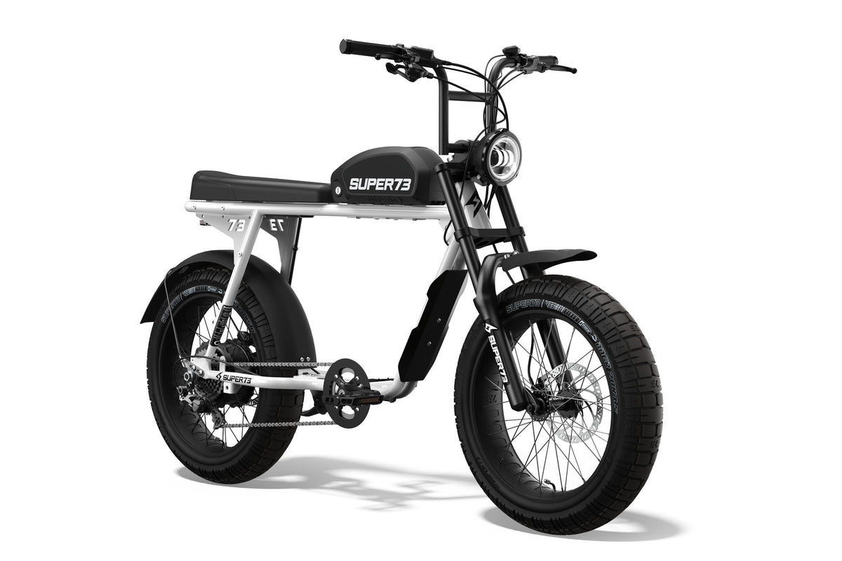 Front/side shot of the SUPER73-S2 ebike in Bone White. @color_bone white