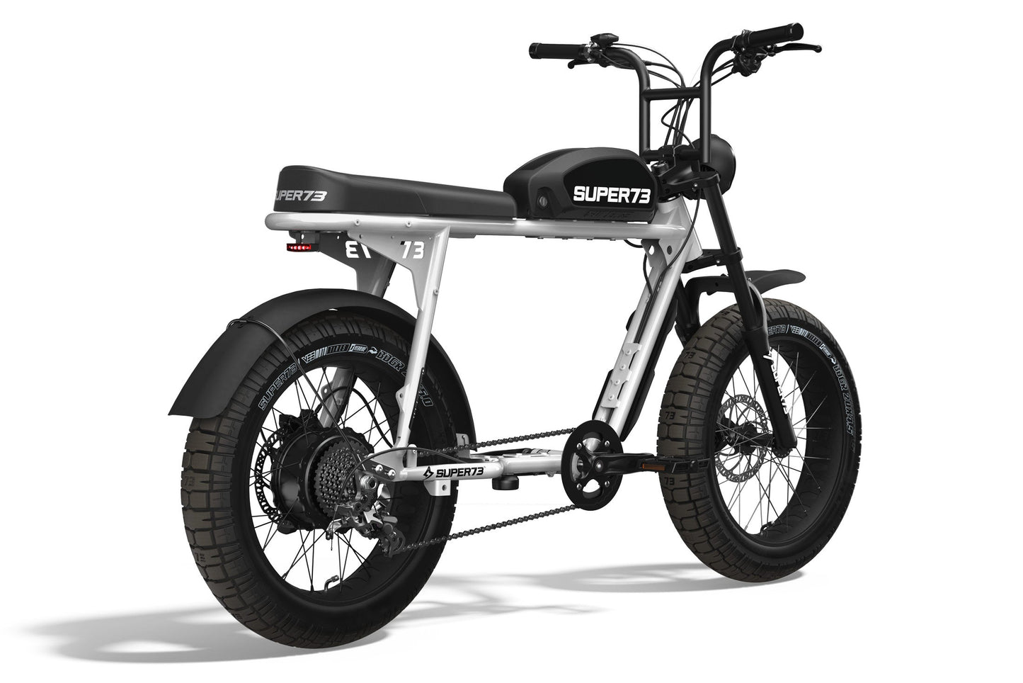 Rear/side shot of the SUPER73-S2 ebike in Bone White. @color_bone white