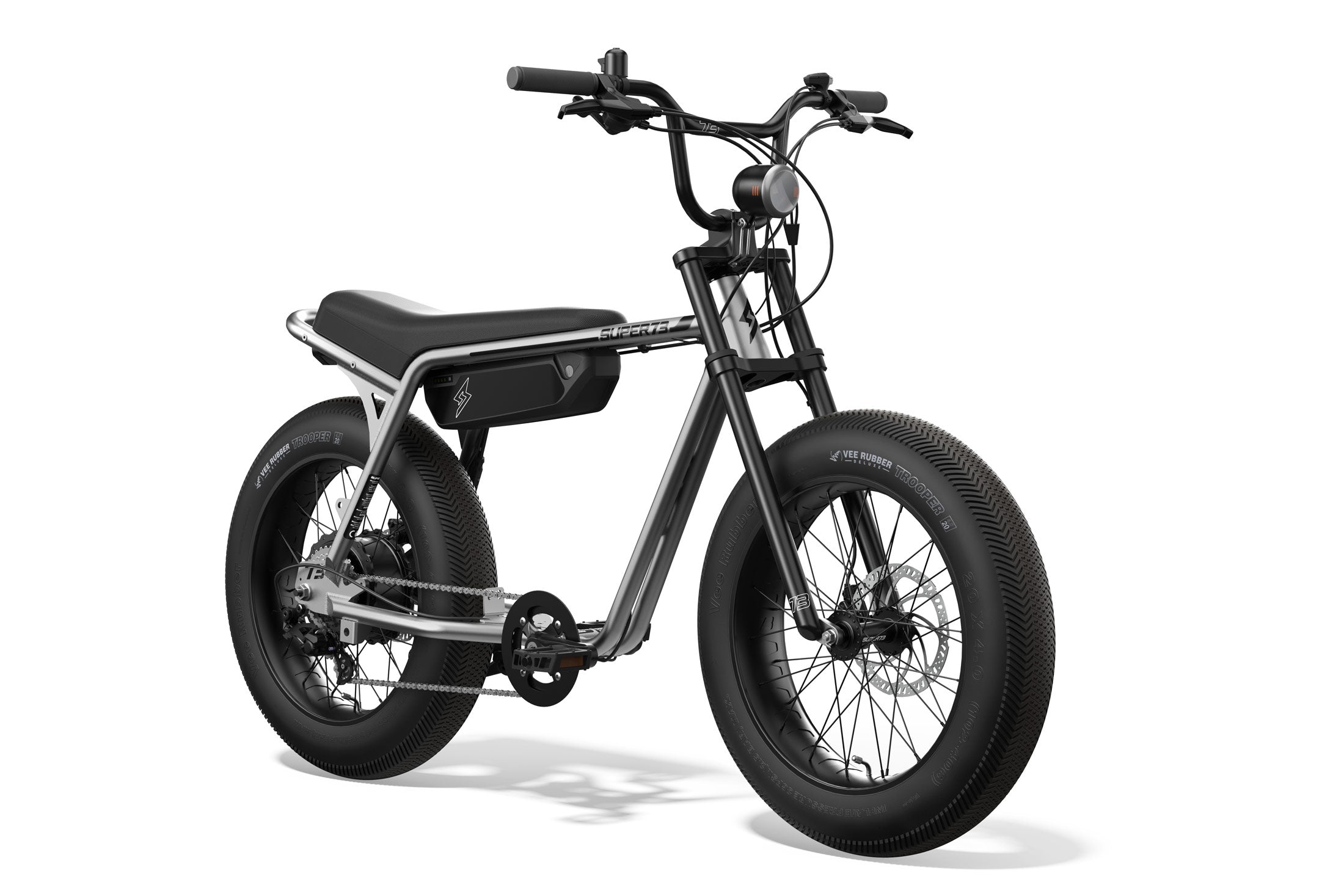 Front side view of SUPER73-Z Miami ebike in Metallic Aluminium. @color_metallic aluminium