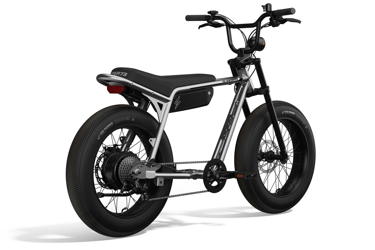 Rear side view of SUPER73-Z Miami ebike in Metallic Aluminium. @color_metallic aluminium