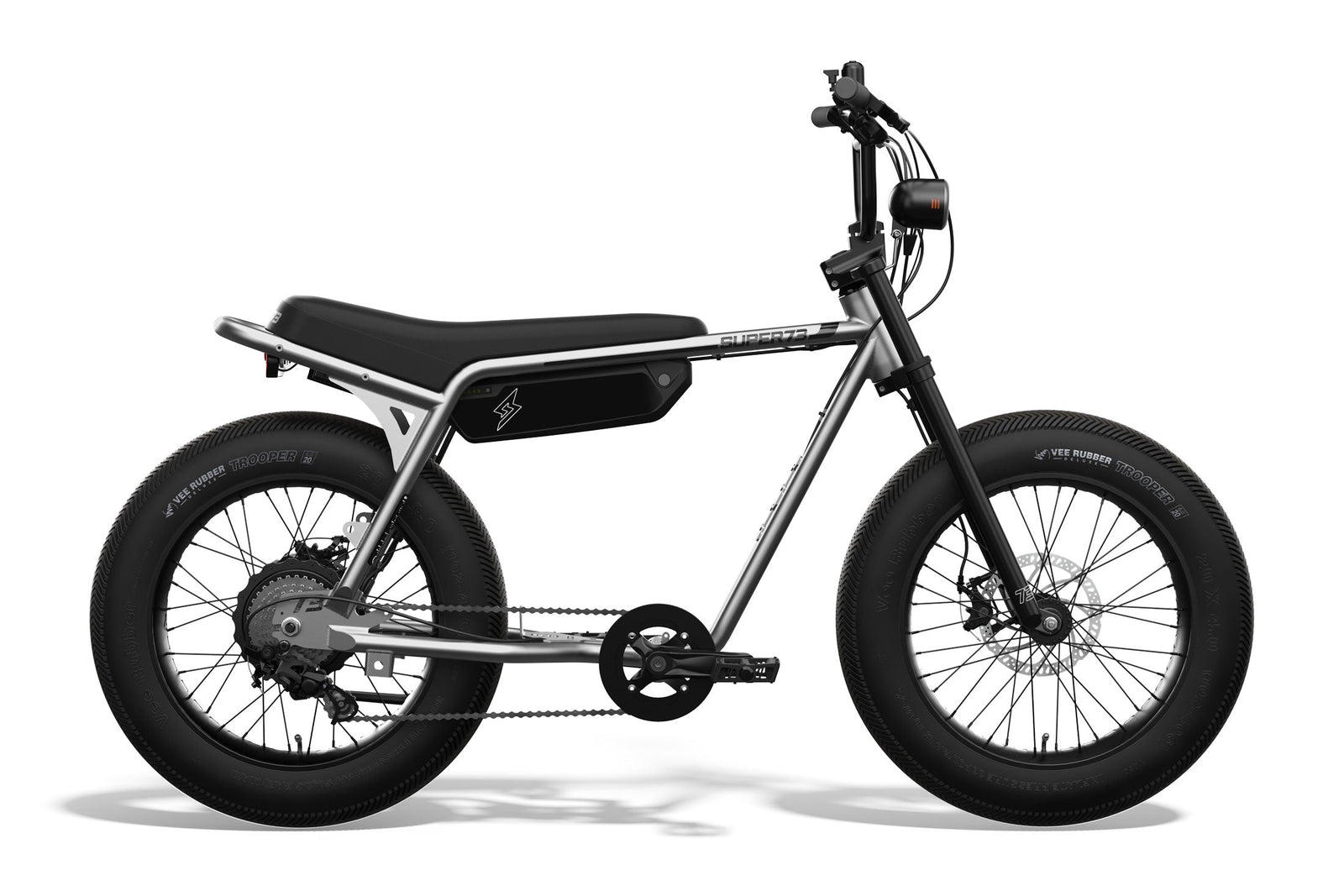 Side view of SUPER73-Z Miami ebike in Metallic Aluminium. @color_metallic aluminium